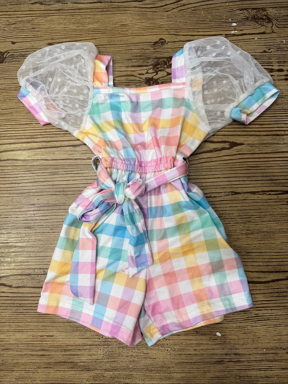Girls Multi-Color Gingham Puff-Sleeve Romper